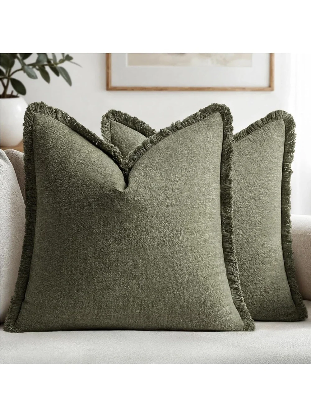 NEW MIULEE Linen Fringe Decorative Euro Throw Pillow Covers Olive Green 24”x24”